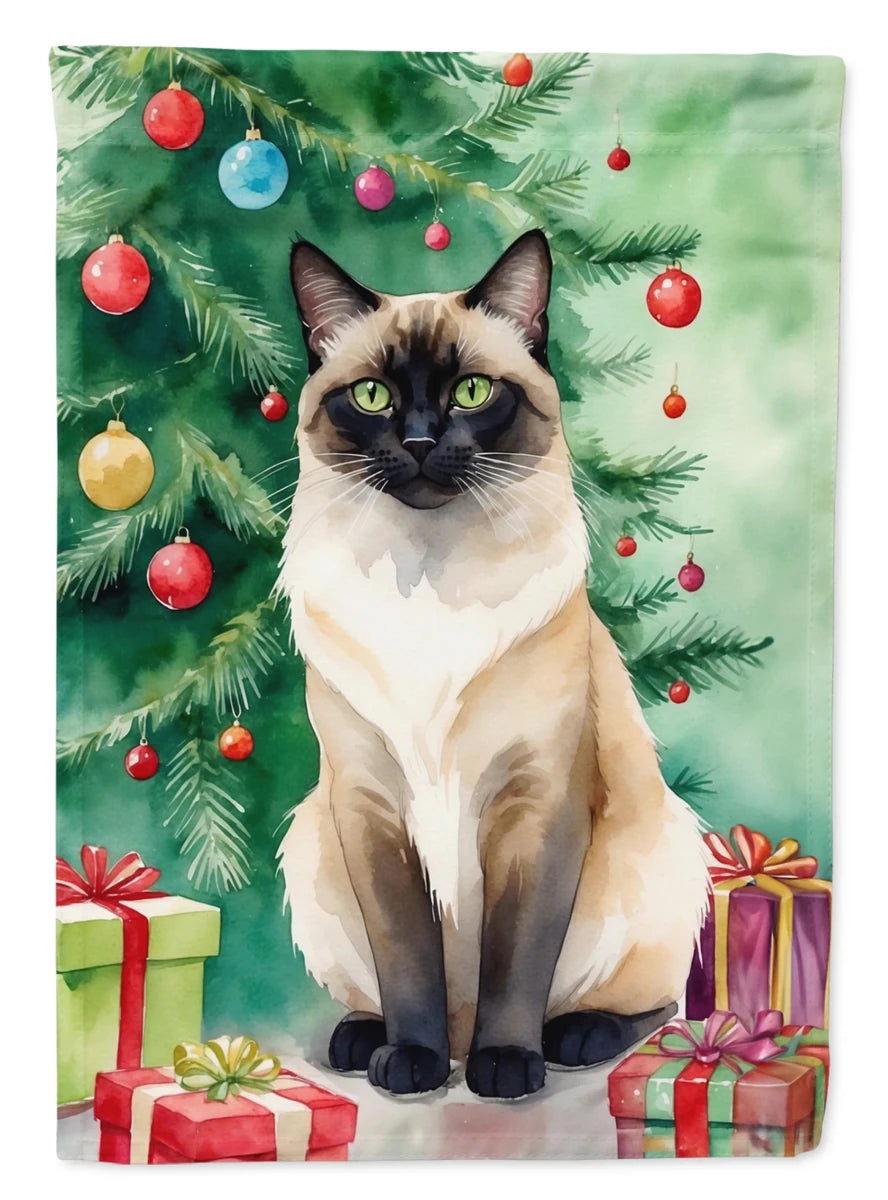 Cat By Christmas Tree Decorative Flag, GARDEN SIZE/British longhair cat, view 27
