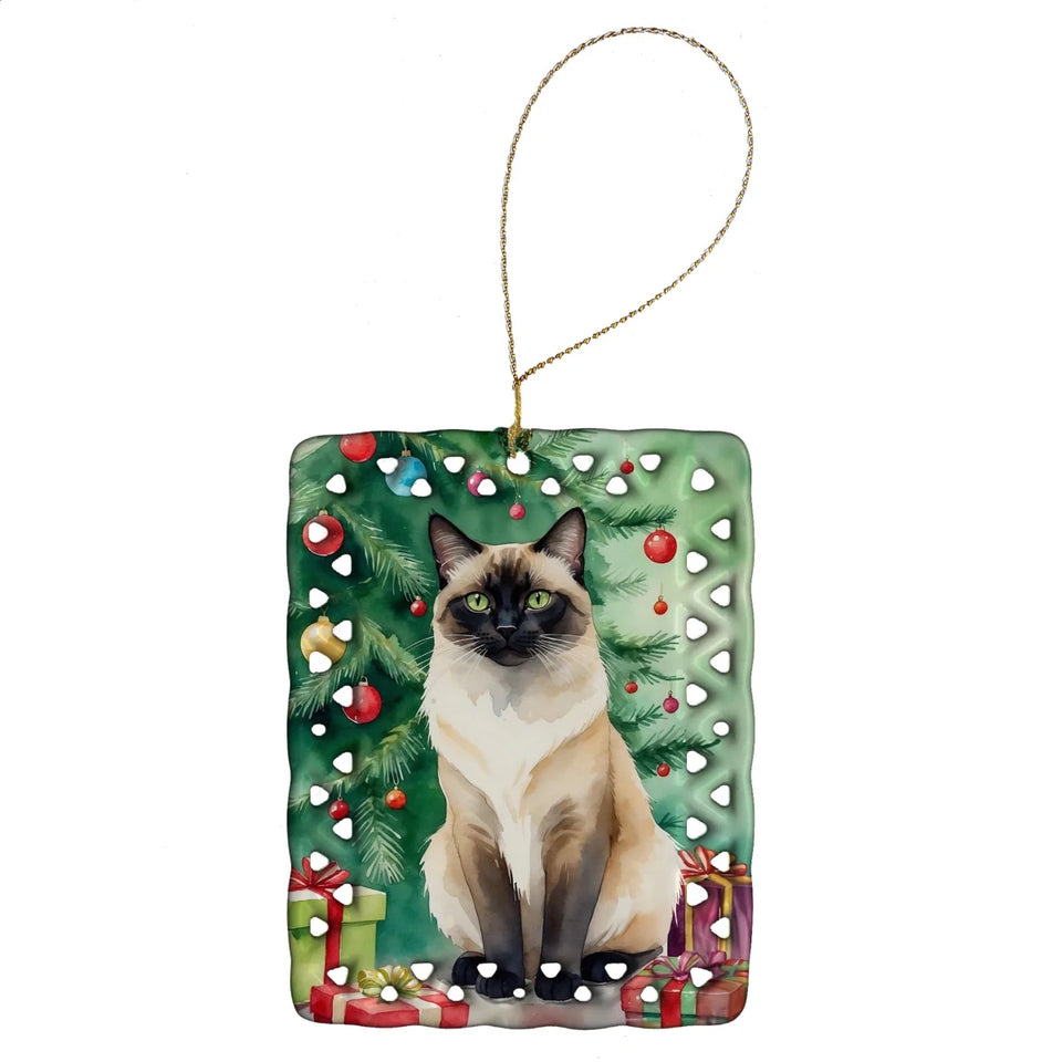 Cat By Christmas Tree Porcelain Ornament, 1/British longhair cat, view 14
