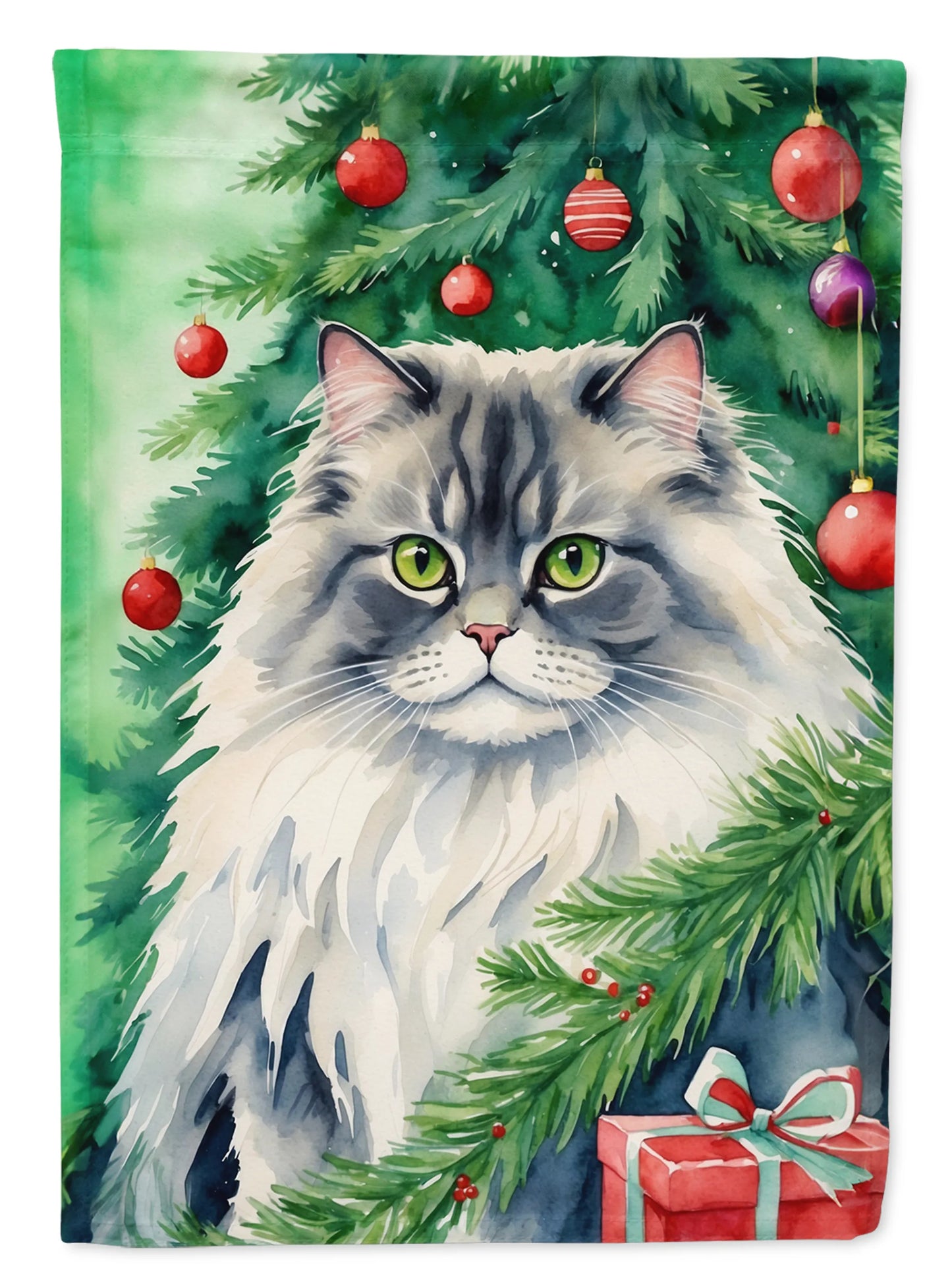 Cat By Christmas Tree Decorative Flag - Pack Of: 1 | Collection name: Cat by christmas tree