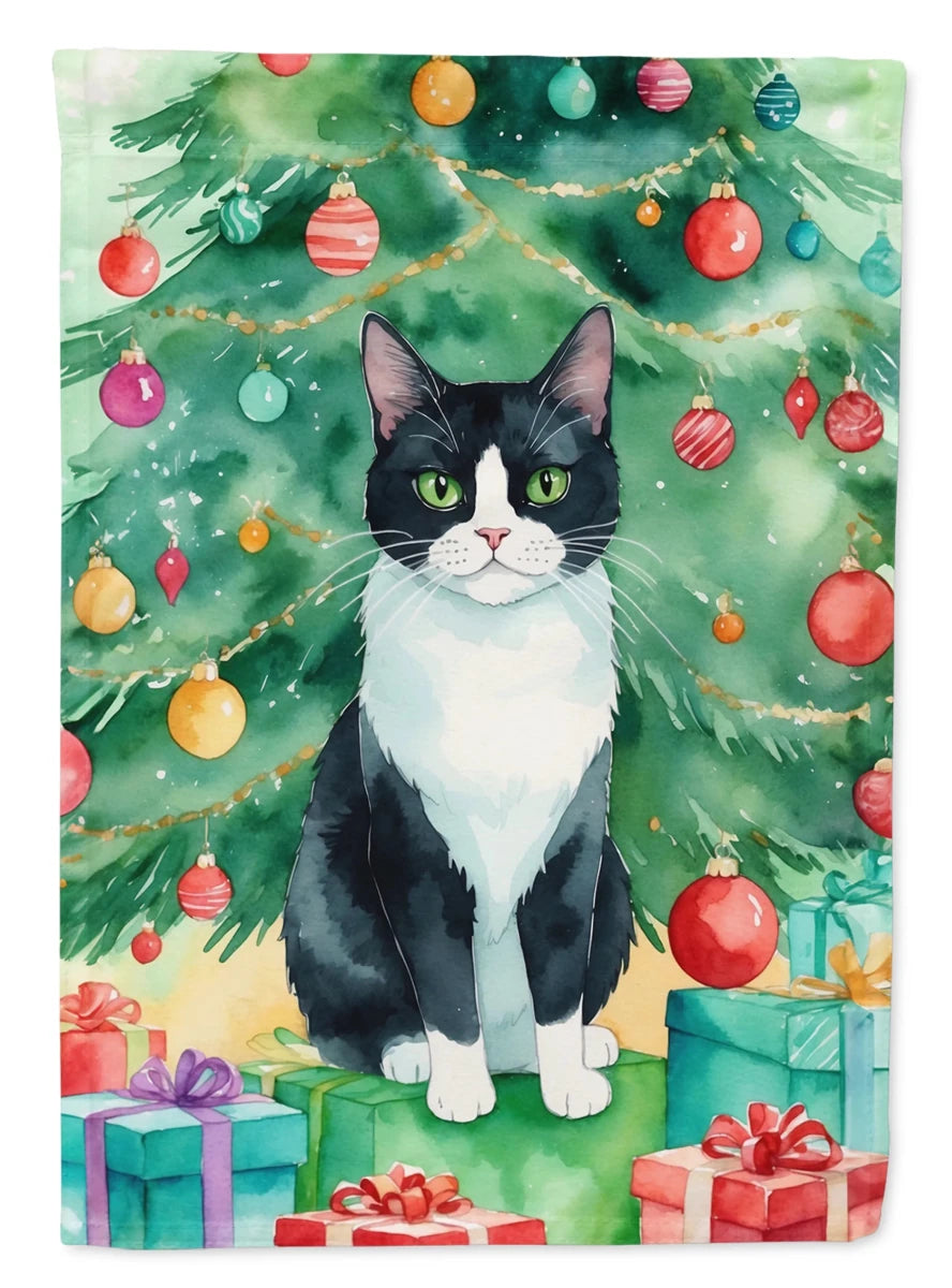 Cat By Christmas Tree Decorative Flag, HOUSE SIZE/Chartreux cat, view 32