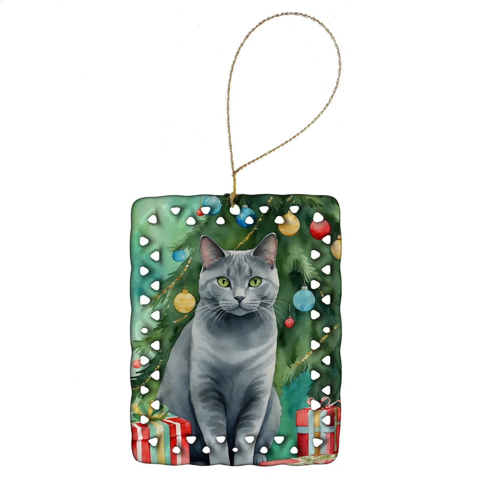 Cat By Christmas Tree Porcelain Ornament, 1/Chausie cat, view 19