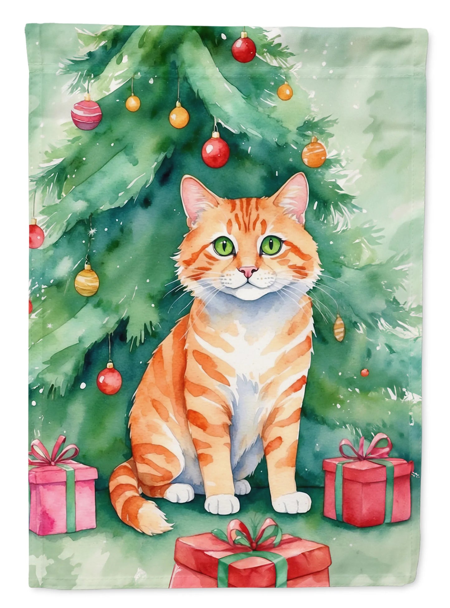 Cat By Christmas Tree Decorative Flag - Pack Of: 1 | Collection name: Cat by christmas tree