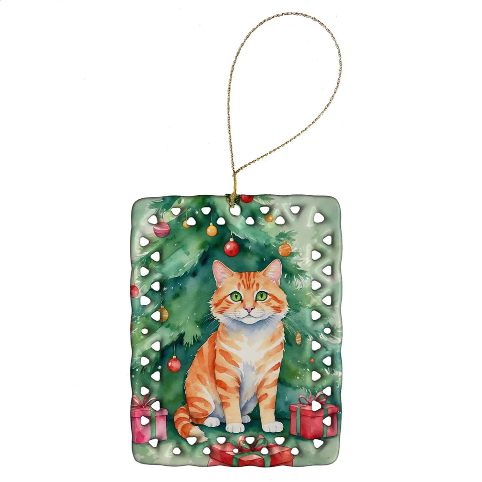 Cat By Christmas Tree Porcelain Ornament, 1/Colorpoint longhair cat, view 21