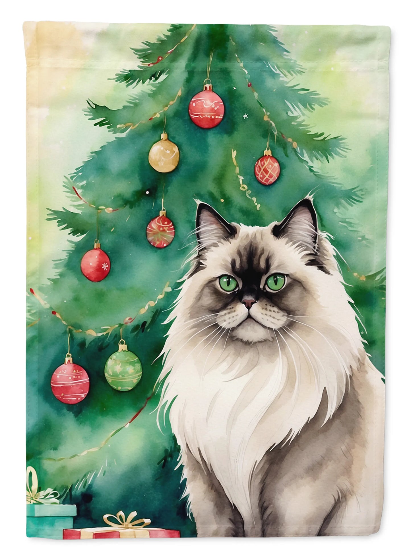 Cat By Christmas Tree Decorative Flag - Pack Of: 1 | Collection name: Cat by christmas tree