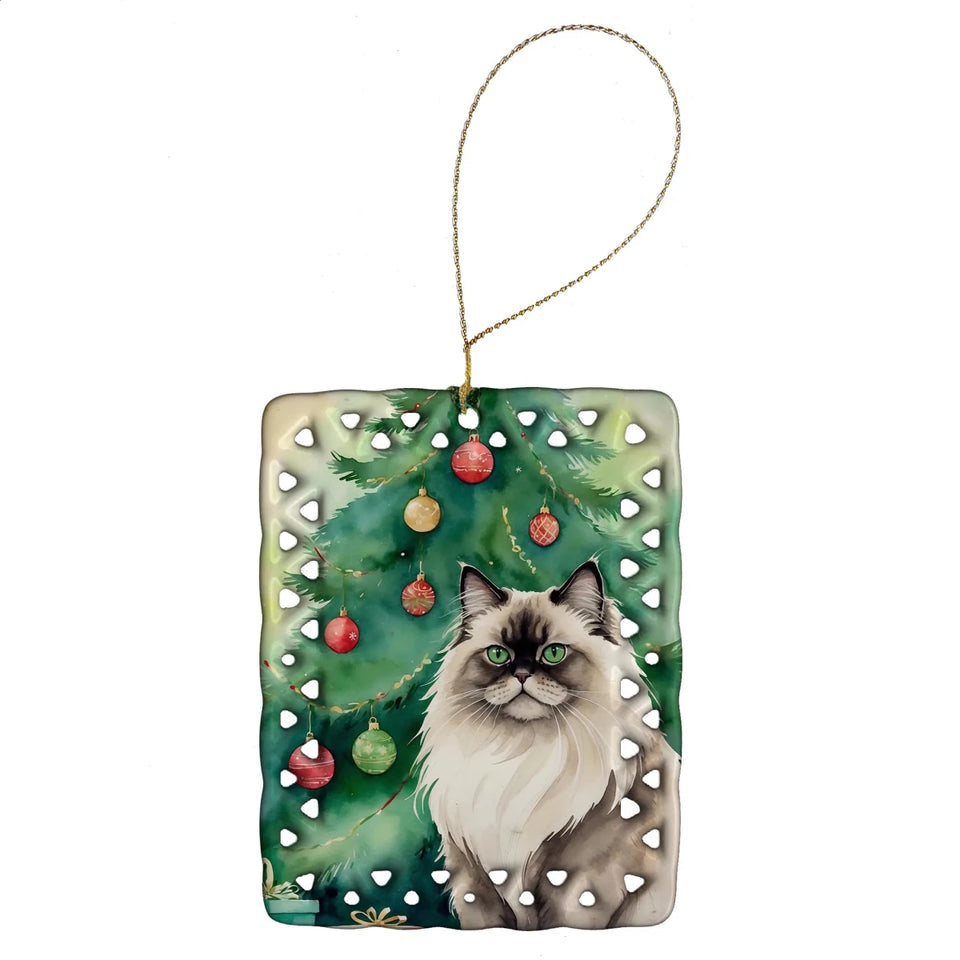 Cat By Christmas Tree Porcelain Ornament, 1/Colorpoint shorthair cat, view 22