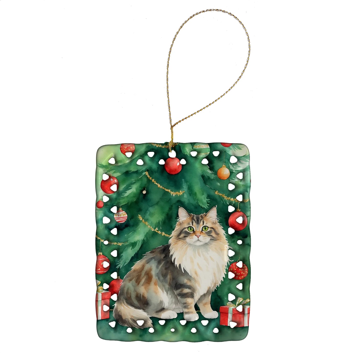 Cat By Christmas Tree Porcelain Ornament
