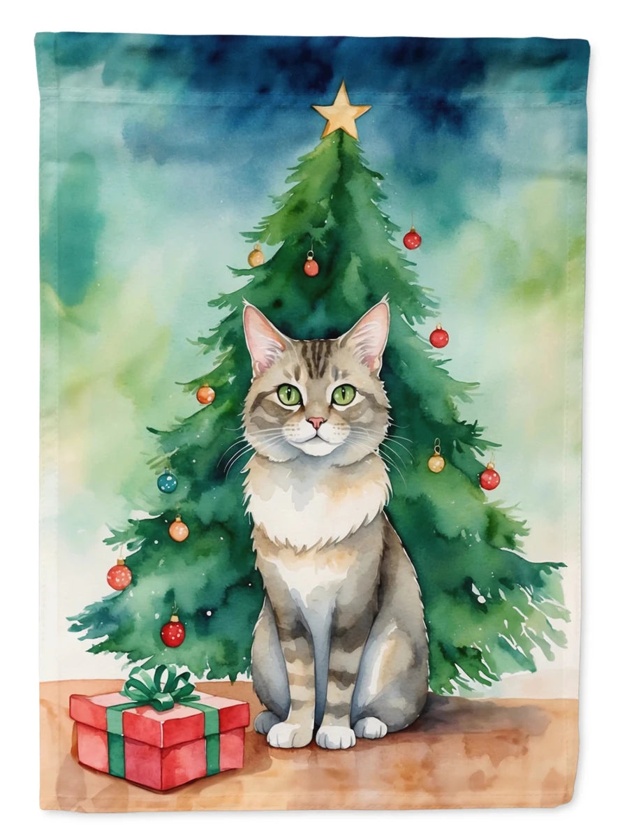Cat By Christmas Tree Decorative Flag, HOUSE SIZE/Egyptian mau cat, view 42