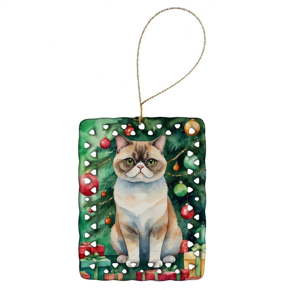Cat By Christmas Tree Porcelain Ornament, 1/Foldex exotic fold cat, view 31