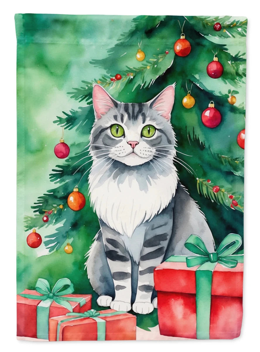 Cat By Christmas Tree Decorative Flag, HOUSE SIZE/Foreign white cat, view 46
