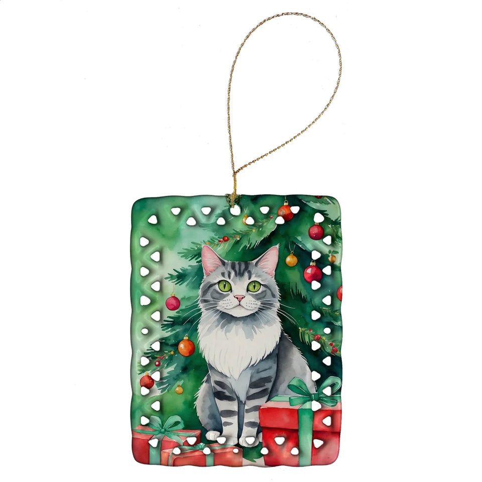 Cat By Christmas Tree Porcelain Ornament, 1/Foreign white cat, view 32