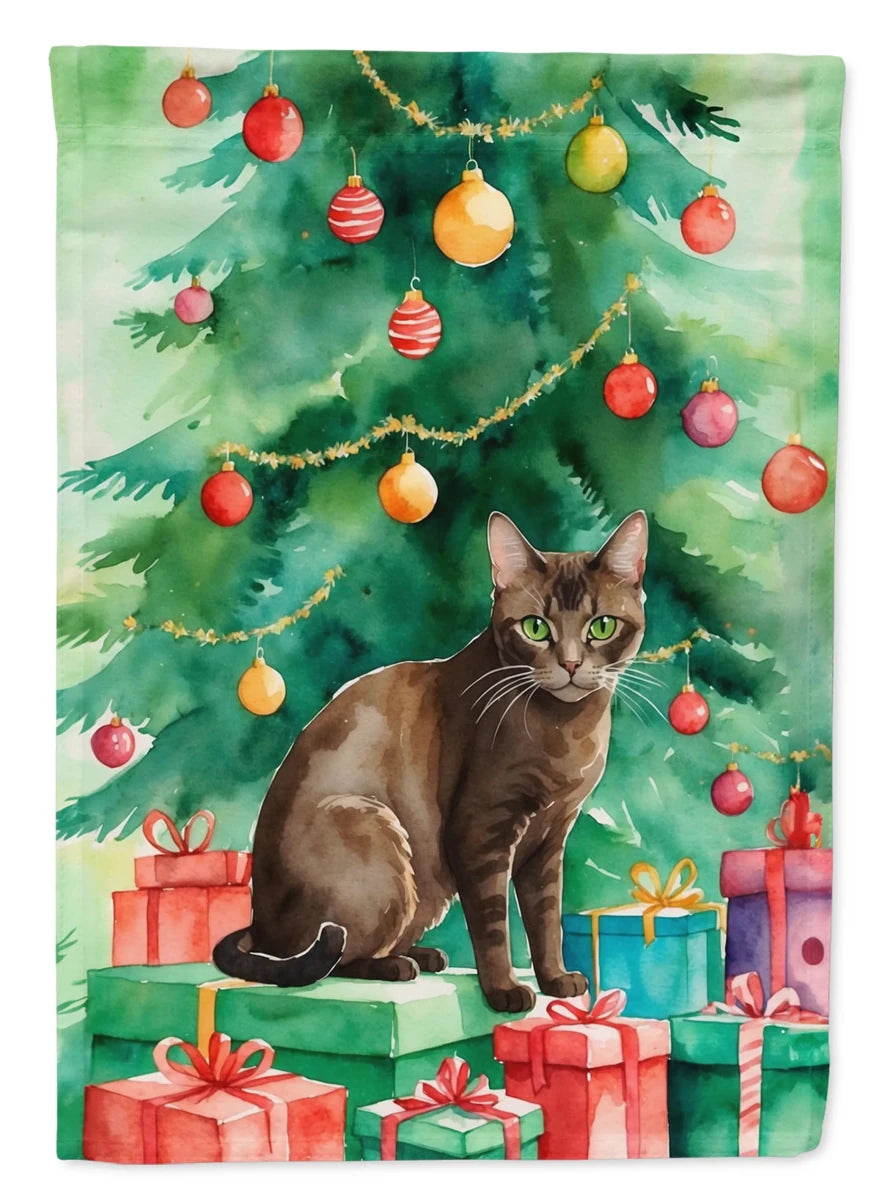 Cat By Christmas Tree Decorative Flag, HOUSE SIZE/Highlander lynx cat, view 49