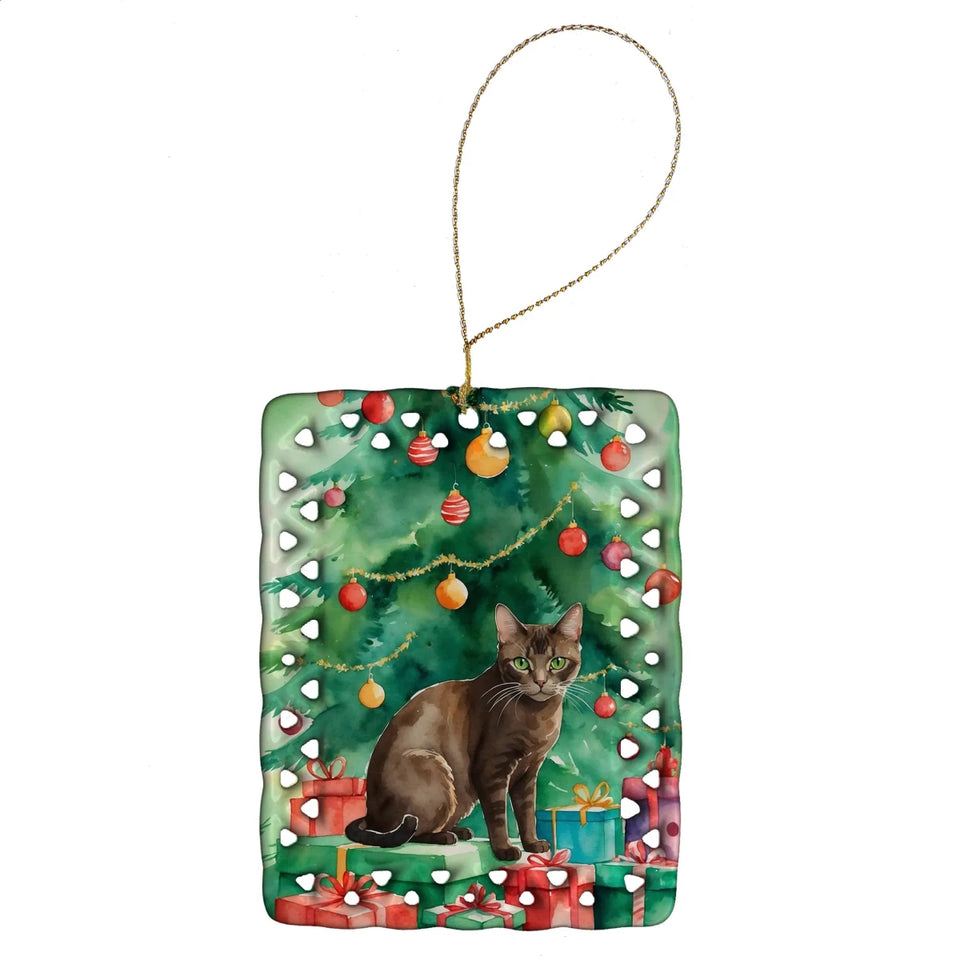 Cat By Christmas Tree Porcelain Ornament, 1/Highlander lynx cat, view 35