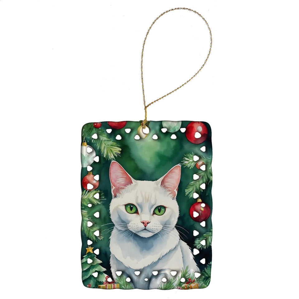 Cat By Christmas Tree Porcelain Ornament, 1/Korat cat, view 39