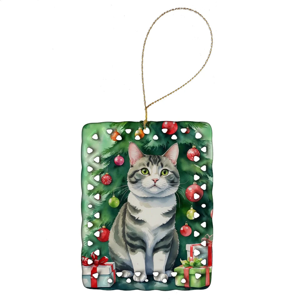 Cat By Christmas Tree Porcelain Ornament, 1/Kurilian bobtail cat, view 41