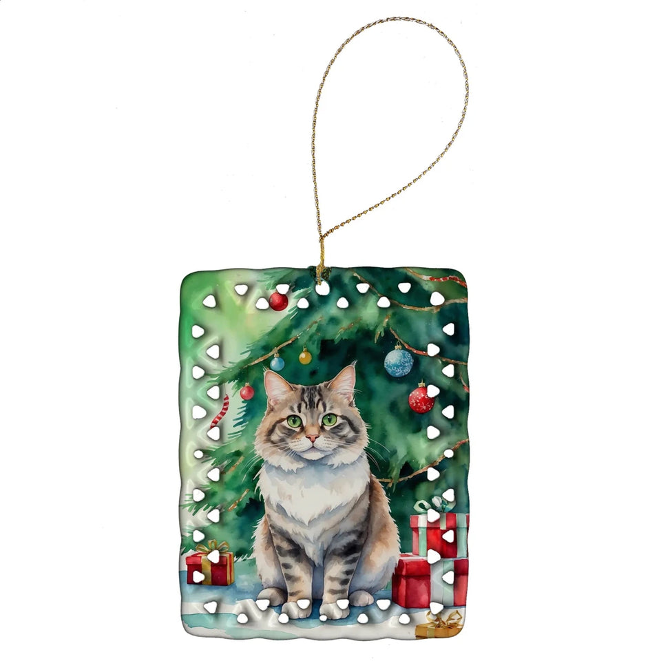 Cat By Christmas Tree Porcelain Ornament, 1/La perm cat, view 42