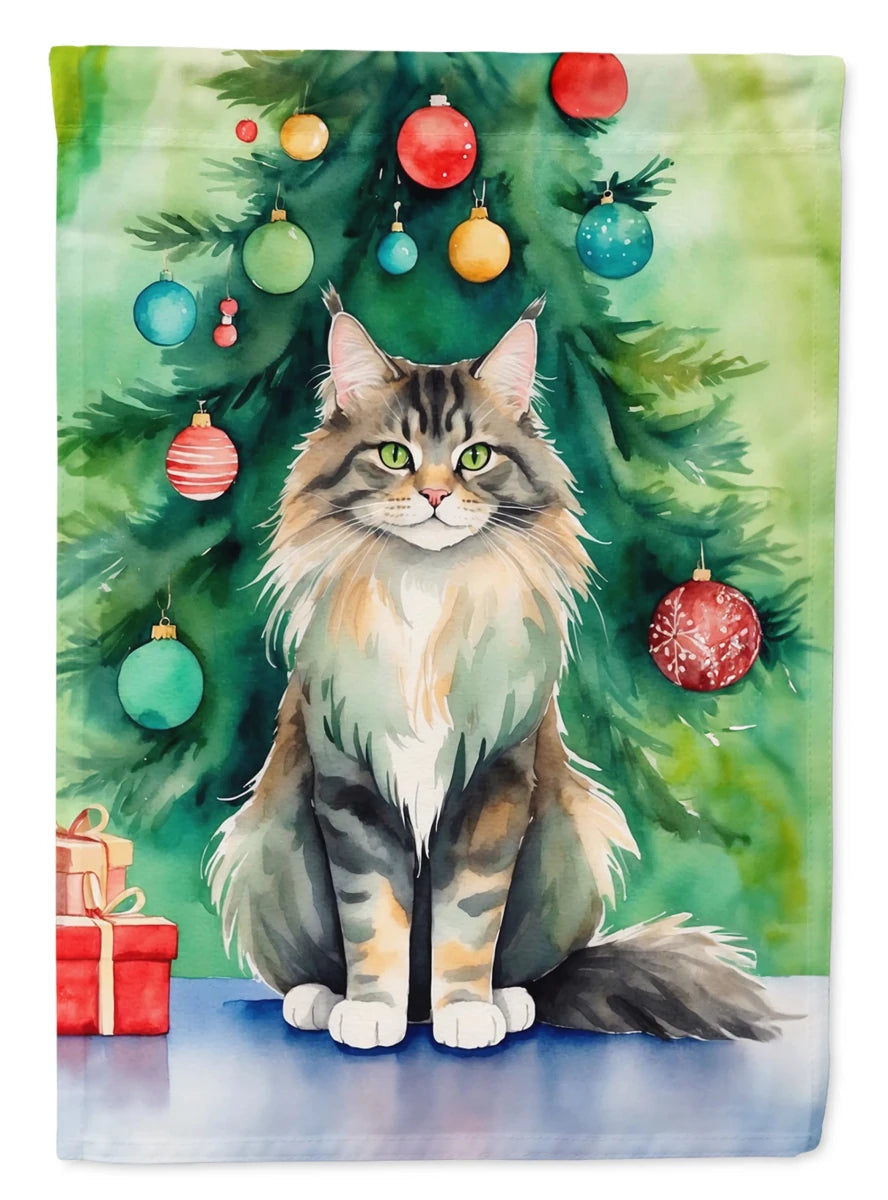 Cat By Christmas Tree Decorative Flag, HOUSE SIZE/Malayan cat, view 60