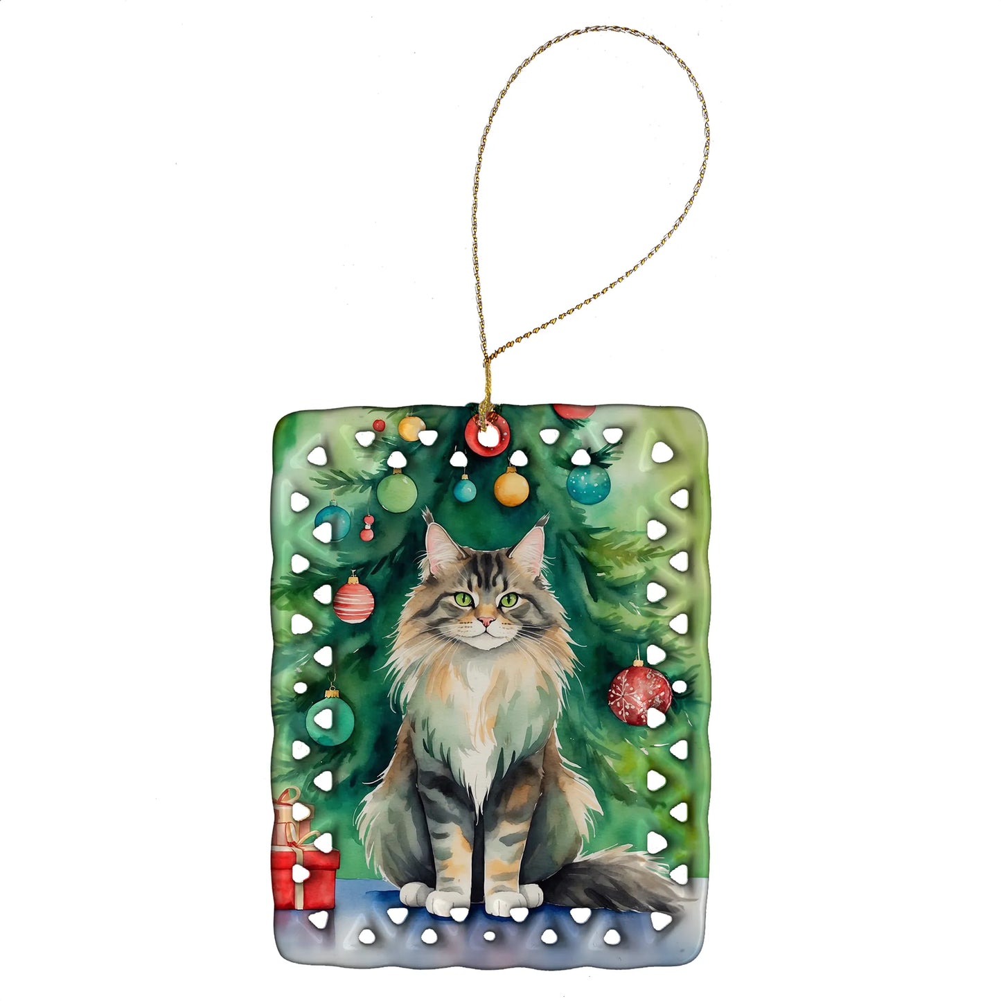 Cat By Christmas Tree Porcelain Ornament