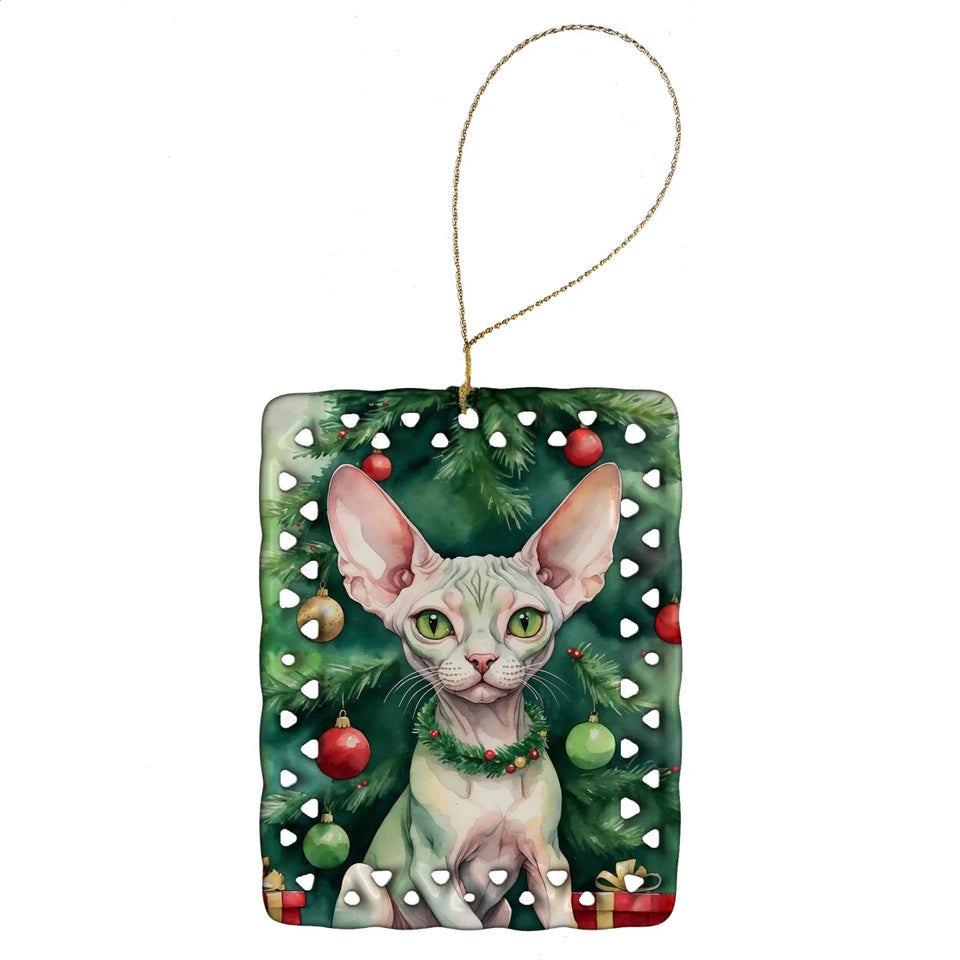 Cat By Christmas Tree Porcelain Ornament, 1/Munchkin cat, view 49