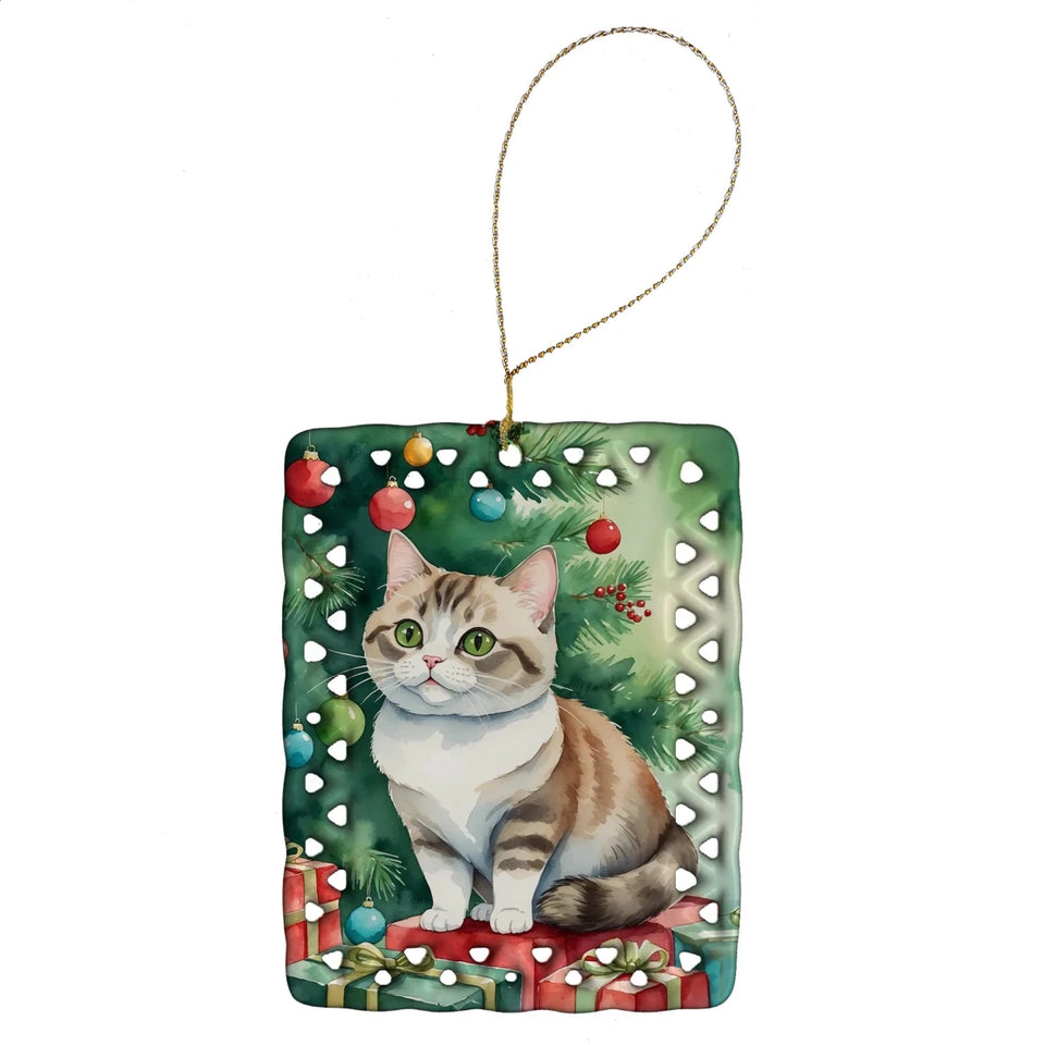 Cat By Christmas Tree Porcelain Ornament, 1/Nebelung cat, view 50