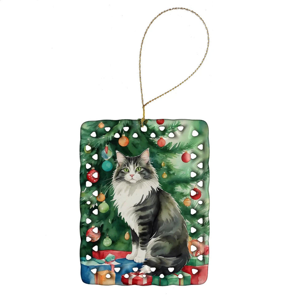 Cat By Christmas Tree Porcelain Ornament, 1/Ocicat cat, view 52