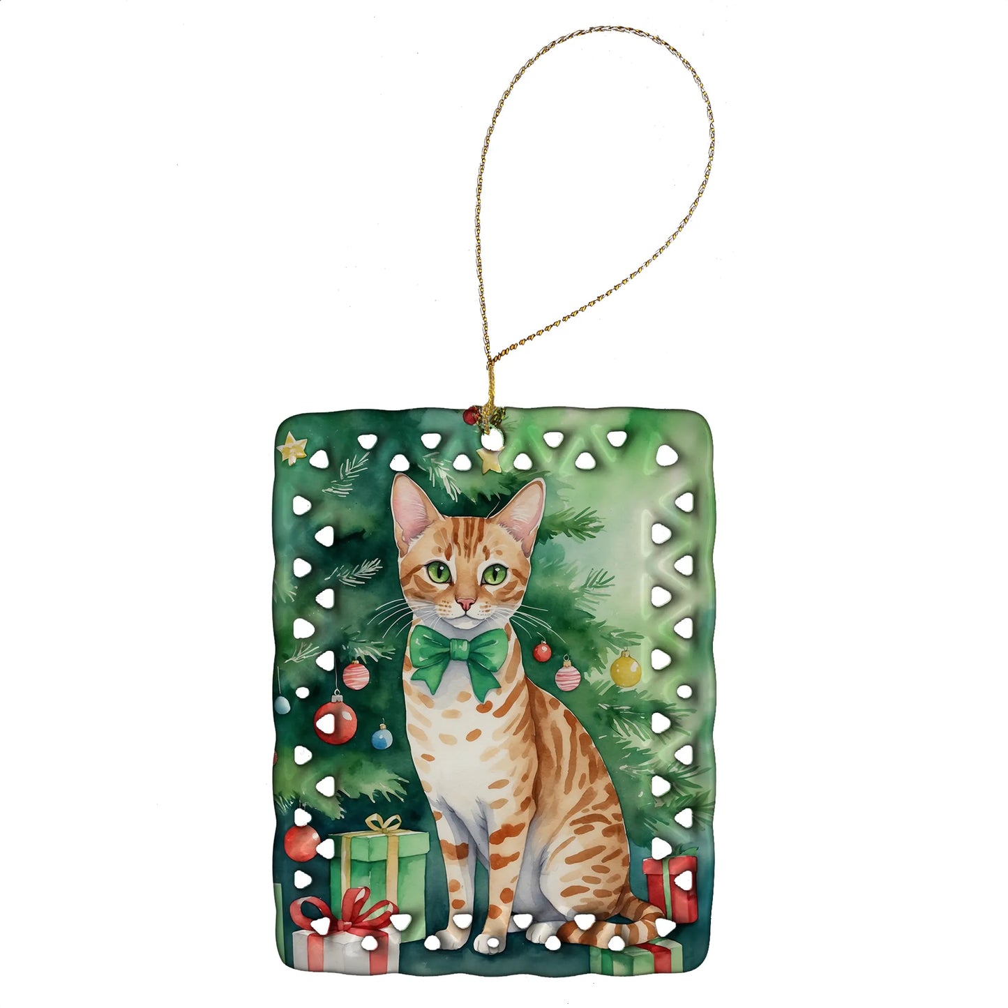 Cat By Christmas Tree Porcelain Ornament