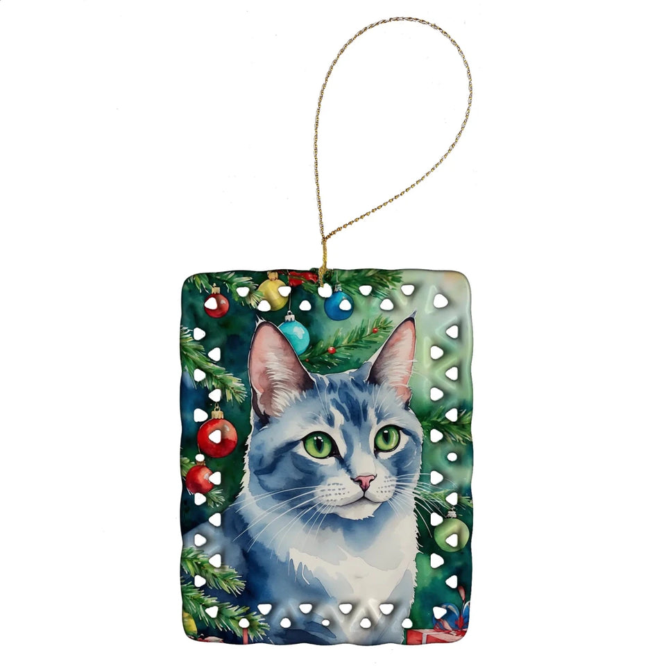 Cat By Christmas Tree Porcelain Ornament, 1/Oregon rex cat, view 54