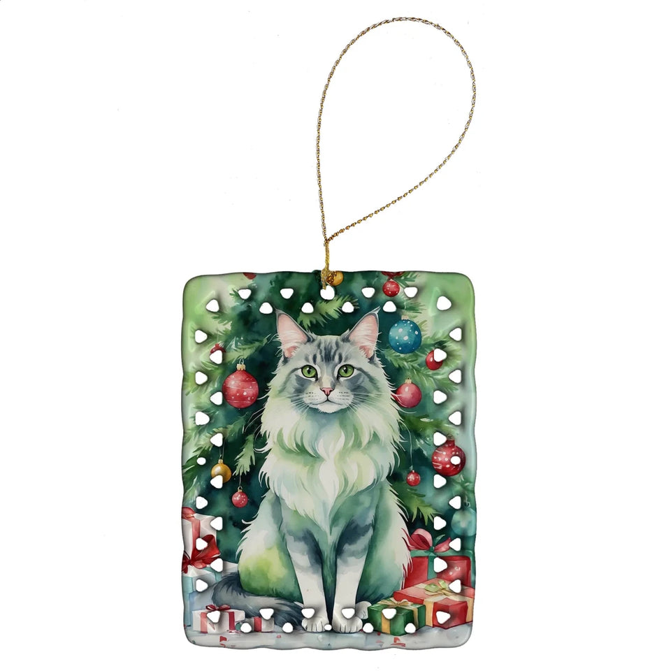 Cat By Christmas Tree Porcelain Ornament, 1/Oriental shorthair cat, view 56
