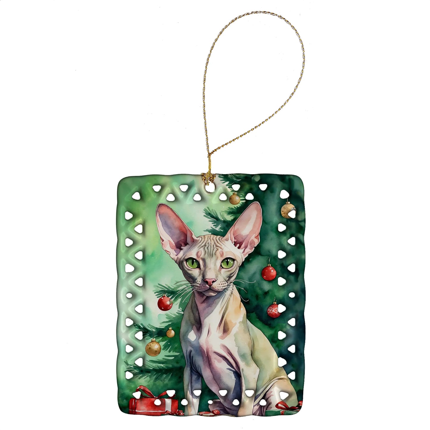 Cat By Christmas Tree Porcelain Ornament