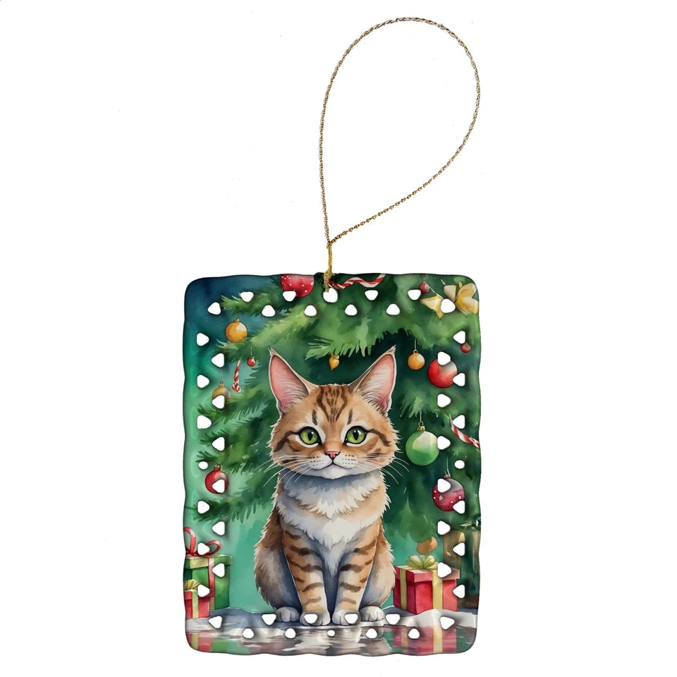 Cat By Christmas Tree Porcelain Ornament, 1/Pudelkatze cat, view 61