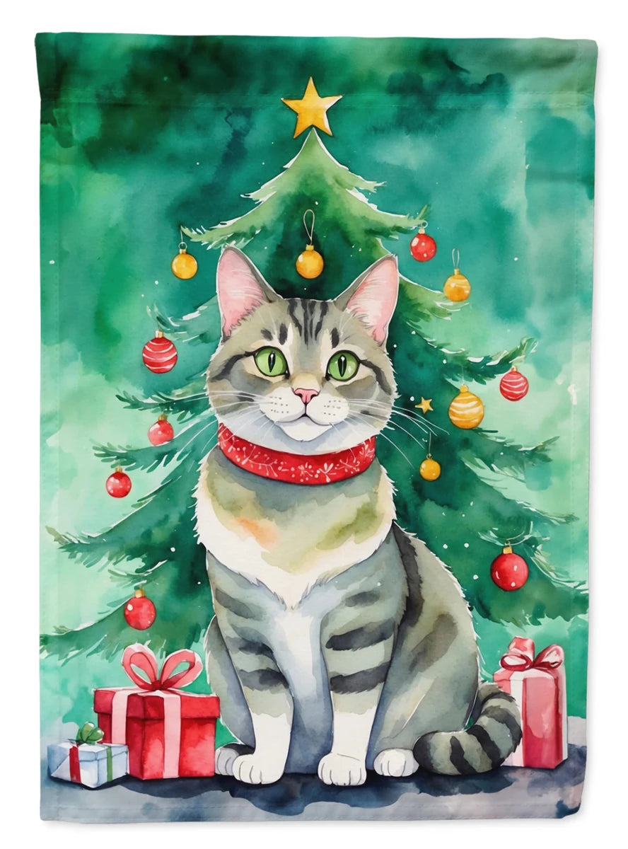 Cat By Christmas Tree Decorative Flag, HOUSE SIZE/Ragamuffin cat, view 77