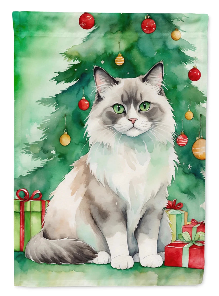 Cat By Christmas Tree Decorative Flag, HOUSE SIZE/Russian blue cat, view 79
