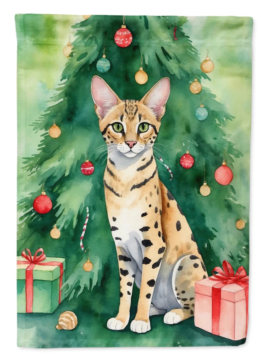 Cat By Christmas Tree Decorative Flag, HOUSE SIZE/Scottish fold cat, view 82