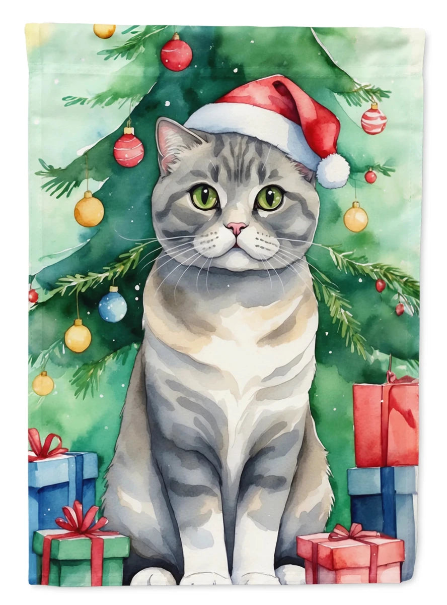 Cat By Christmas Tree Decorative Flag, HOUSE SIZE/Selkirk rex cat, view 83