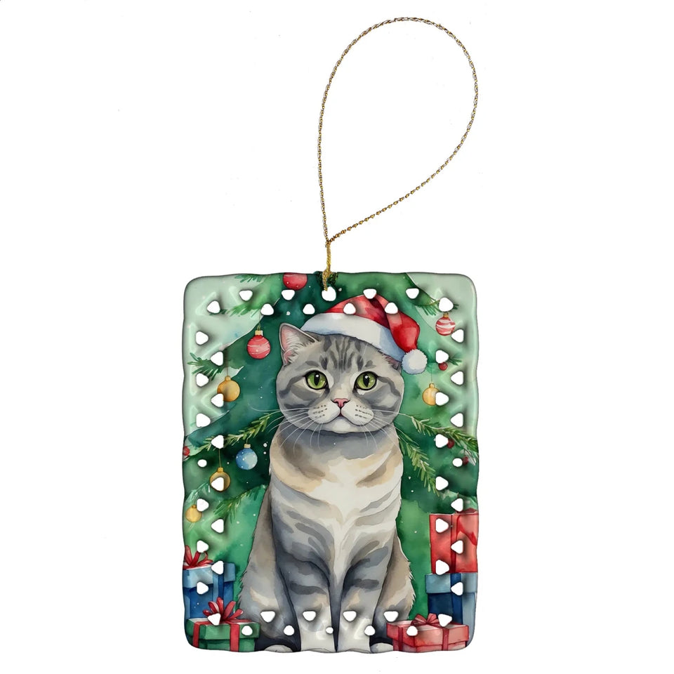 Cat By Christmas Tree Porcelain Ornament, 1/Selkirk rex cat, view 69
