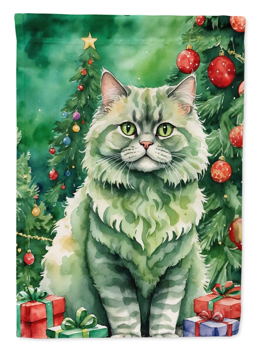 Cat By Christmas Tree Decorative Flag, HOUSE SIZE/Serengeti cat, view 84