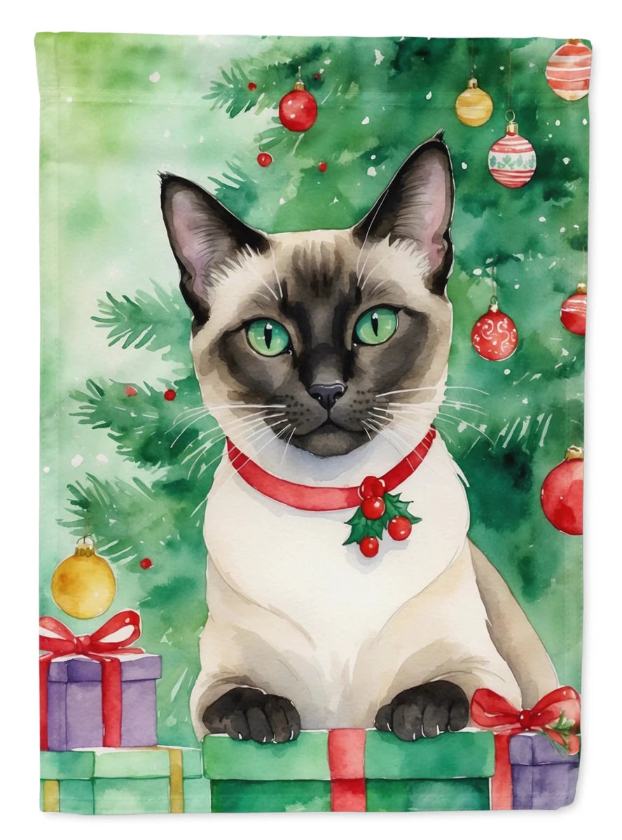 Cat By Christmas Tree Decorative Flag, HOUSE SIZE/Siberian cat, view 86