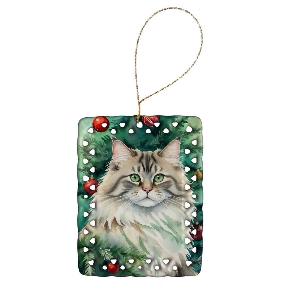 Cat By Christmas Tree Porcelain Ornament, 1/Skookum cat, view 73