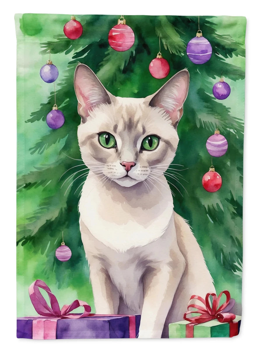 Cat By Christmas Tree Decorative Flag, HOUSE SIZE/Tonkinese cat, view 94