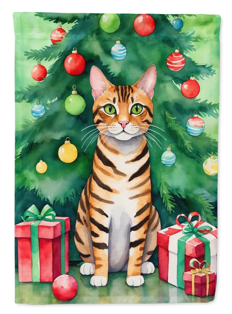 Cat By Christmas Tree Decorative Flag, HOUSE SIZE/Turkish angora cat, view 96