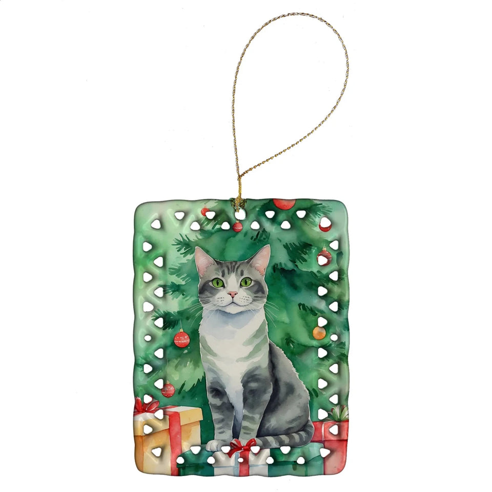 Cat By Christmas Tree Porcelain Ornament, 1/Ural rex cat 7269, view 85