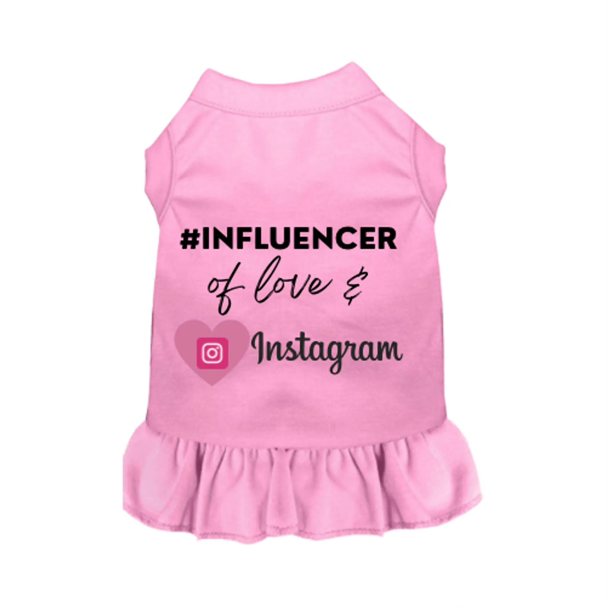 Pink pet dress with ruffled hem featuring "#INFLUENCER of Love & Instagram - Pack Of: 1" text and social media theme