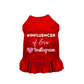 Red pet dress with ruffled hem and white text "#INFLUENCER of Love & Instagram - Pack Of: 1" in stylish fonts
