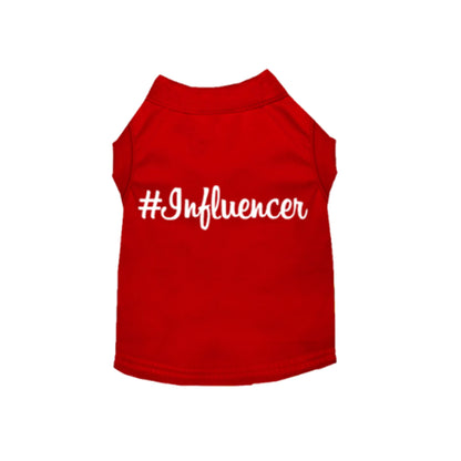 Red pet shirt with white "#Influencer Shirt" text, comfortable fit for dogs, from PetsPerfect online pet store.