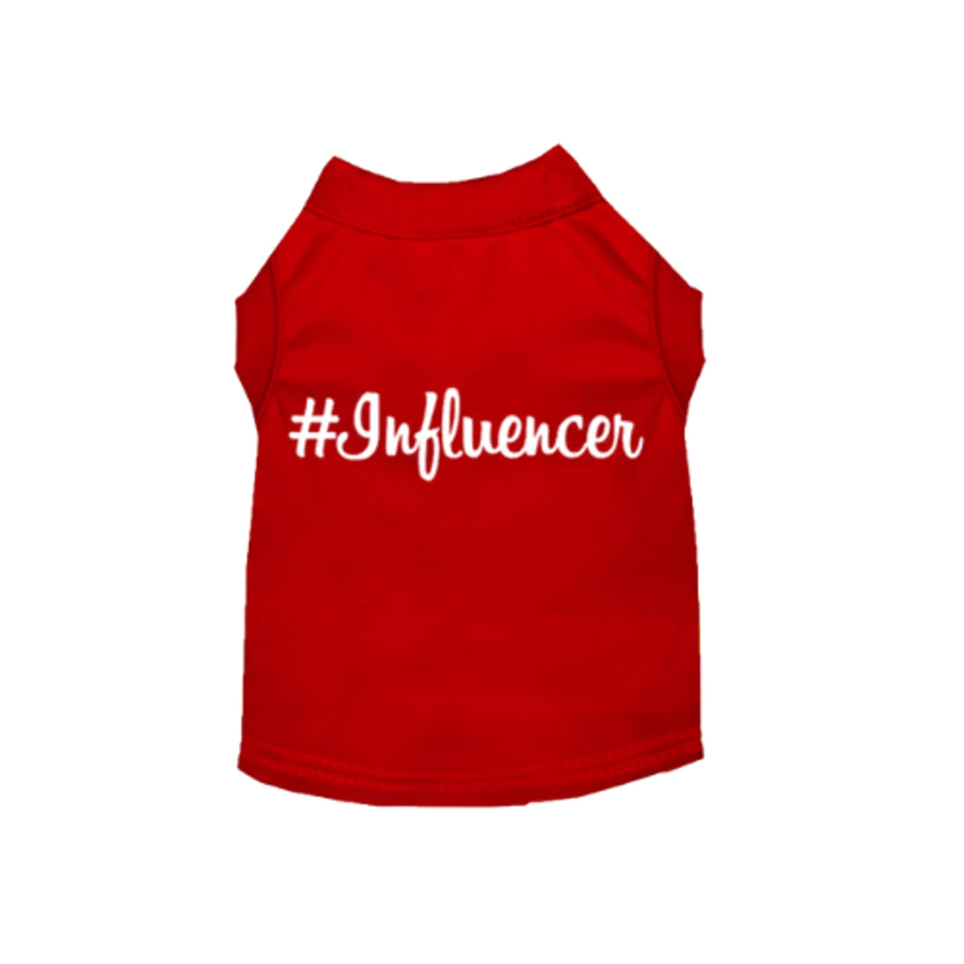 Red pet shirt with white "#Influencer Shirt" text, designed for stylish pets from PetsPerfect online pet store.