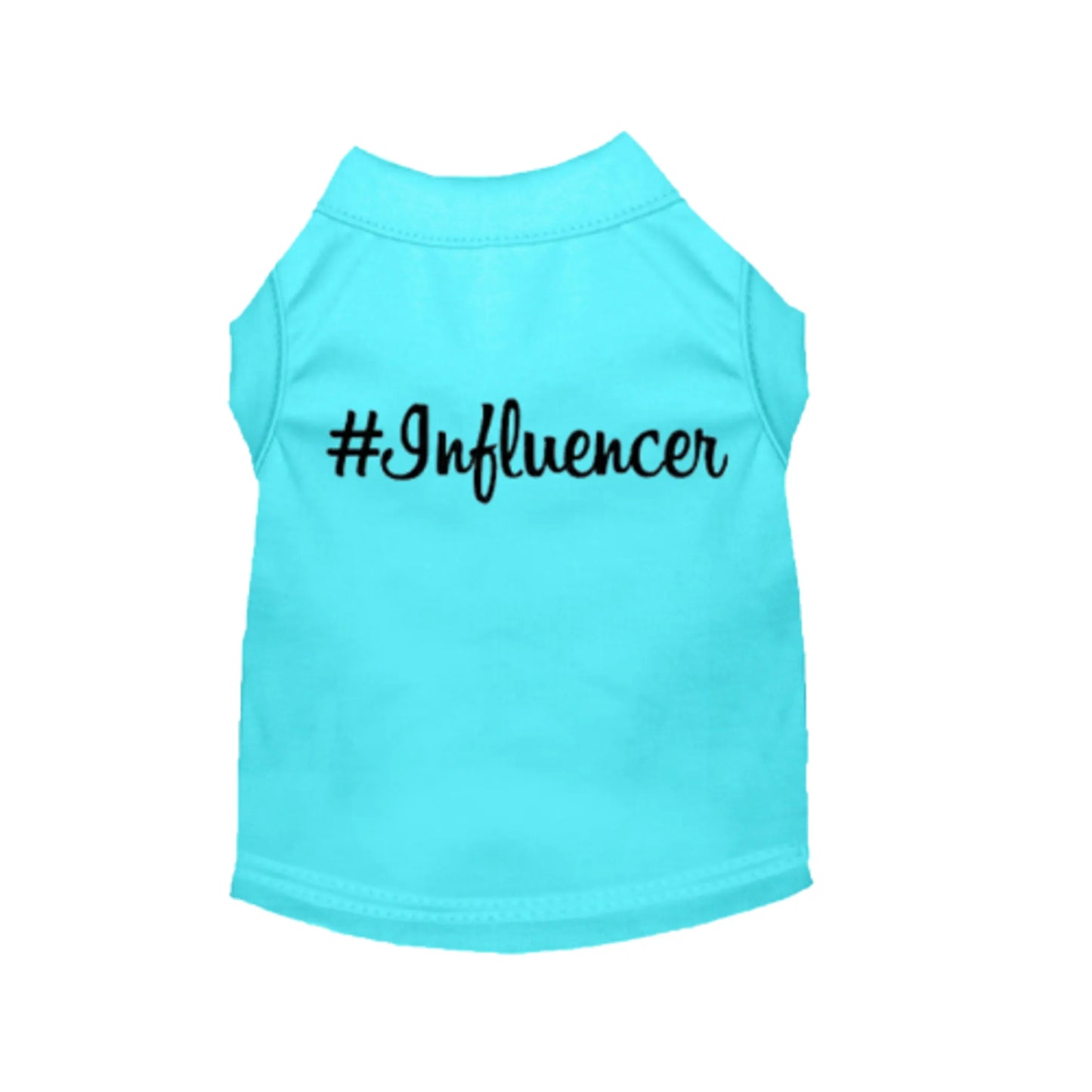 Light blue pet shirt with black "#Influencer Shirt" text on back, designed for pets by PetsPerfect online pet store.