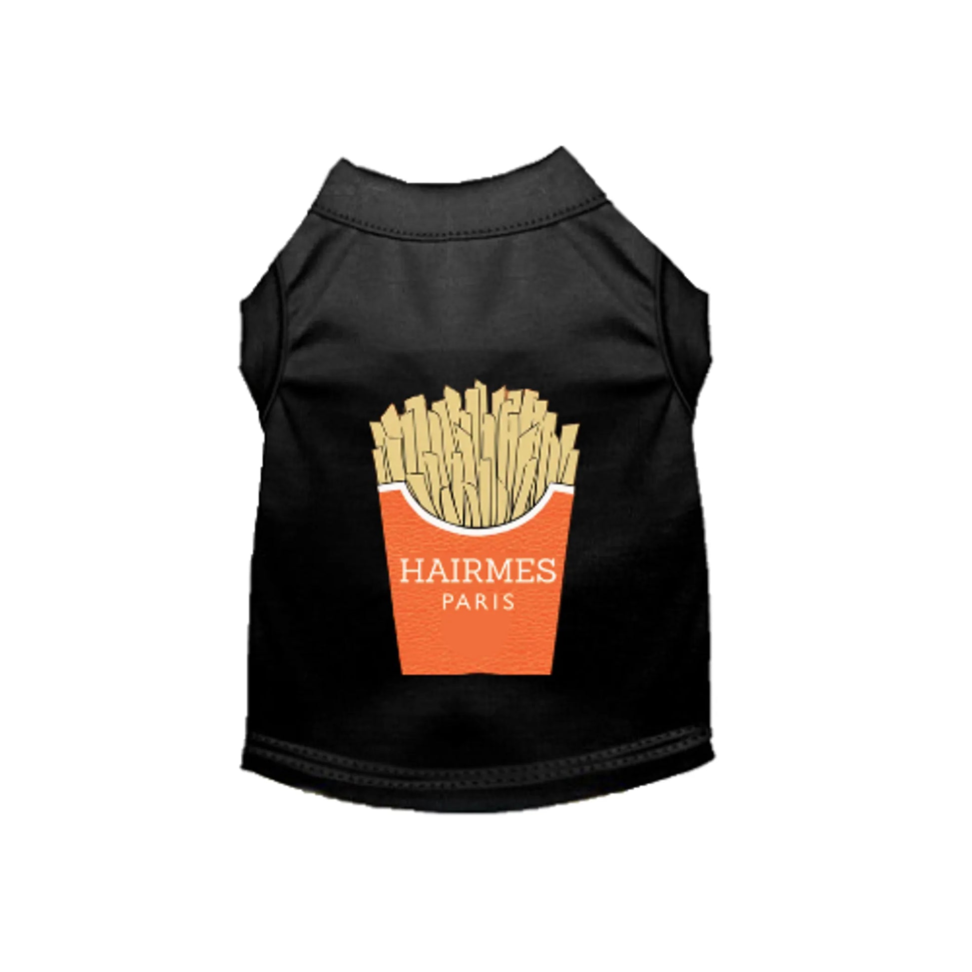 Black dog shirt featuring a fries graphic with "Hairmes Paris" text on the back, A Side of Hairmes French Fries Dog Shirt.