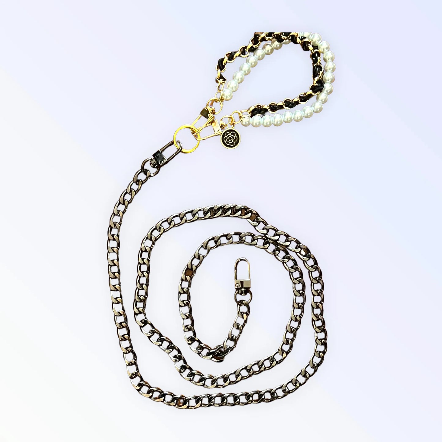 A stylish dog leash with black chain links and pearl-accented handle, named A Stroll on 5th Avenue - Leash.