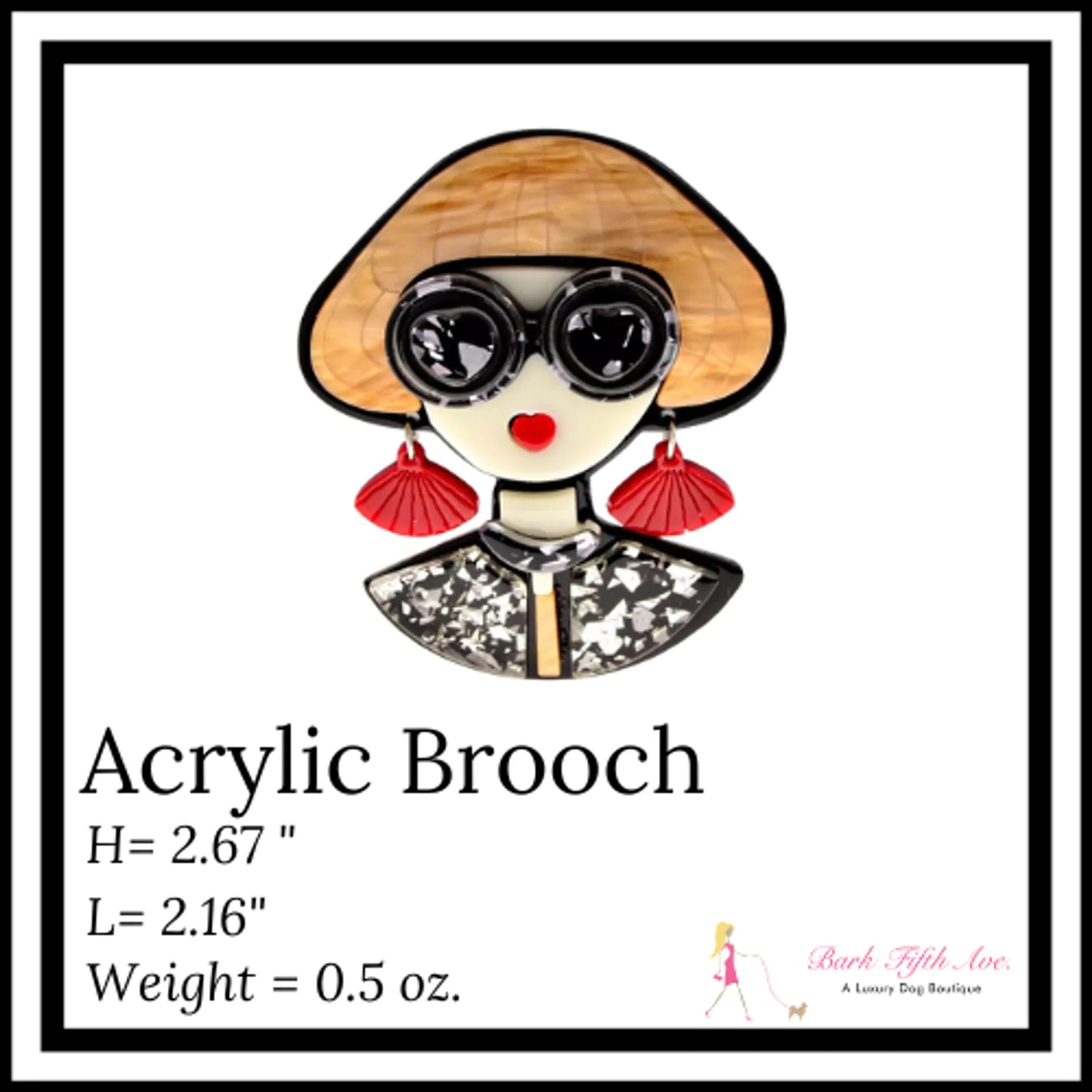 Acrylic Brooch So Vogue Dress featuring a stylized woman with hat, sunglasses, red earrings, and black patterned collar