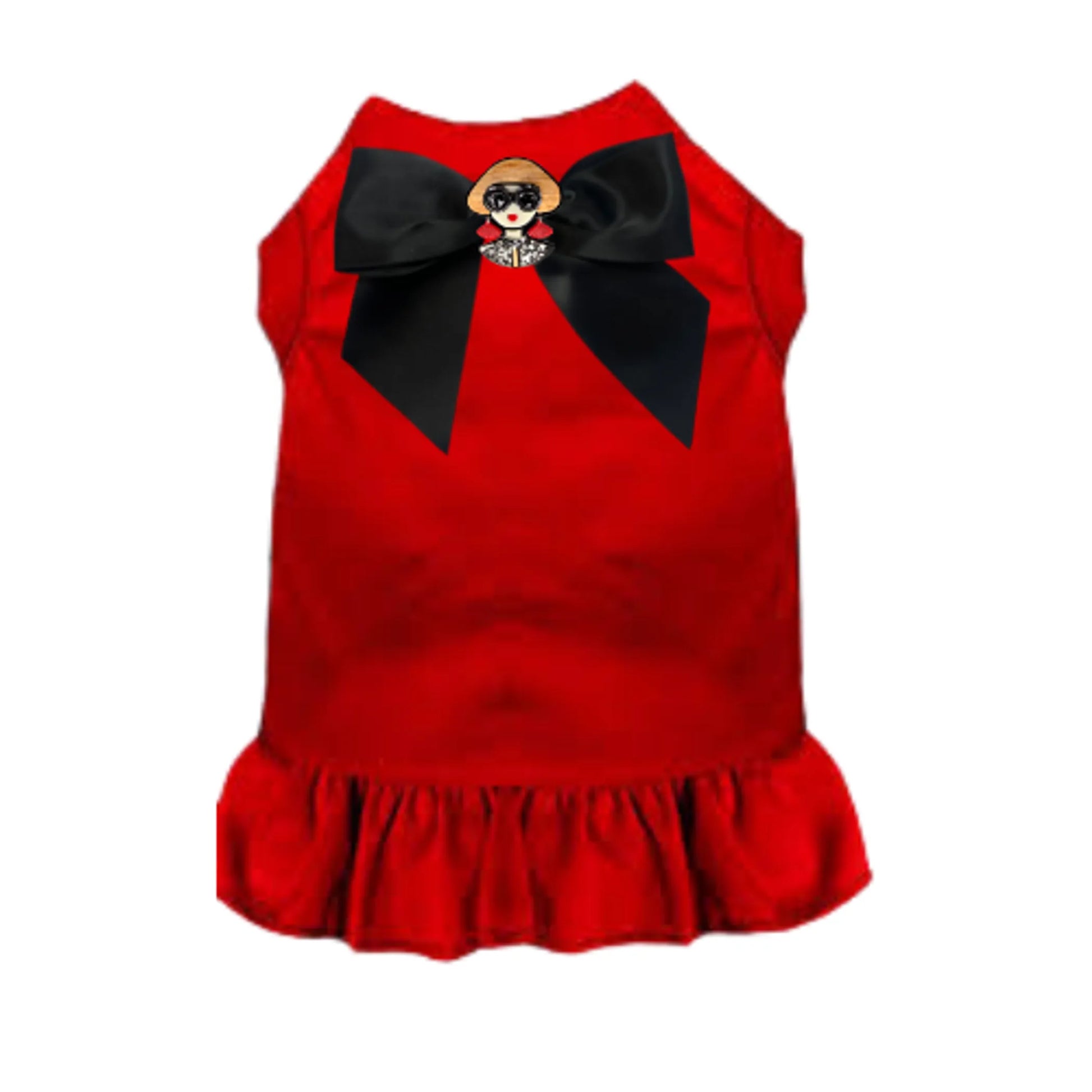 A red pet dress featuring a black bow with an Acrylic Brooch So Vogue Dress embellishment on the back.