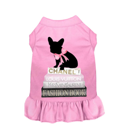 Pink pet dress featuring a silhouette of a dog sitting on fashion books, All of my favorite things - Pack Of: 1